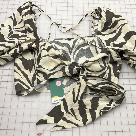 HALARA NWT Boho Beach Zebra Puff SLV Tie Back Square Neck Brown/Tan Crop Top XL - Picture 9 of 16